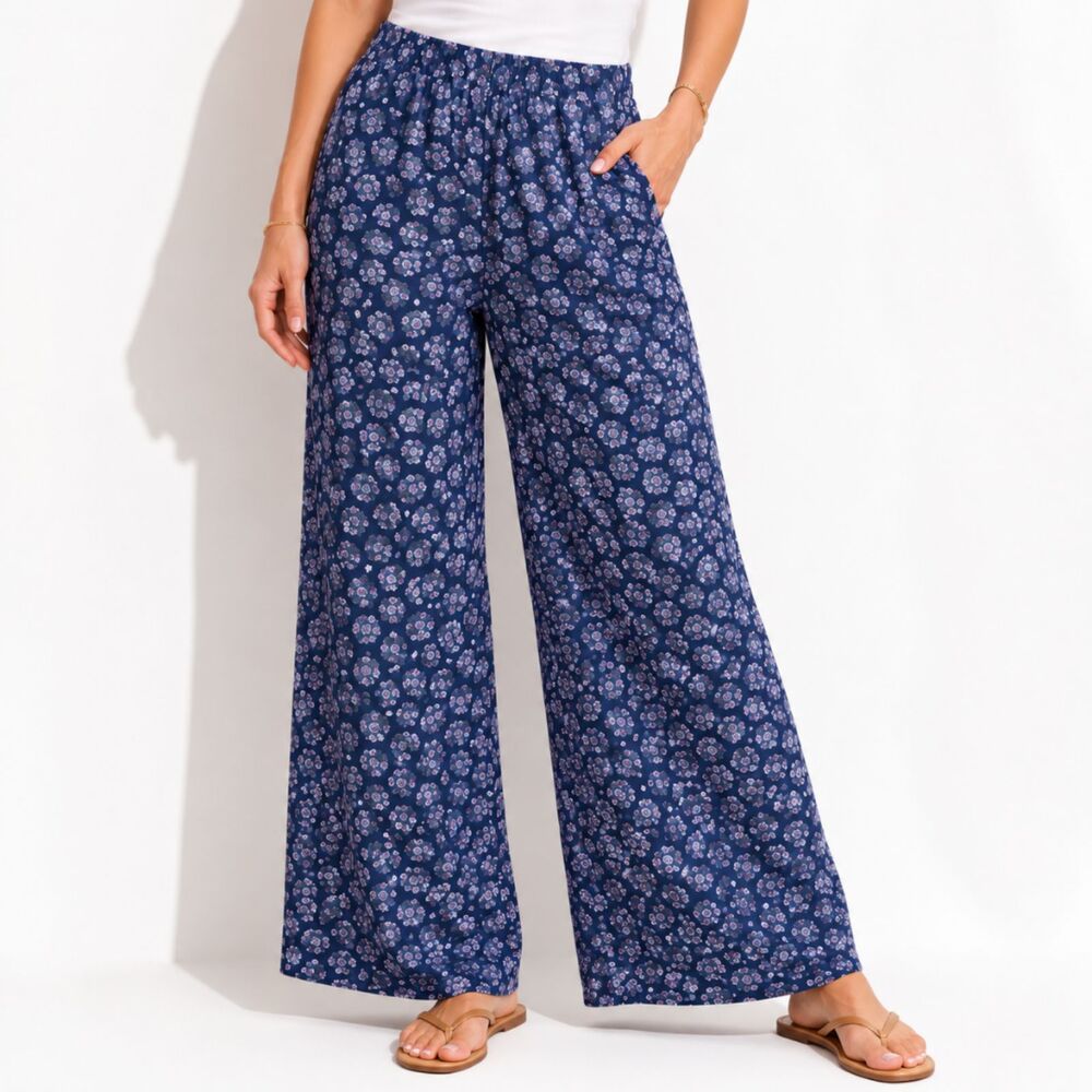 Old Navy Floral Wide Leg Pants S Tall Boho Lounge Navy Blue Lightweight
